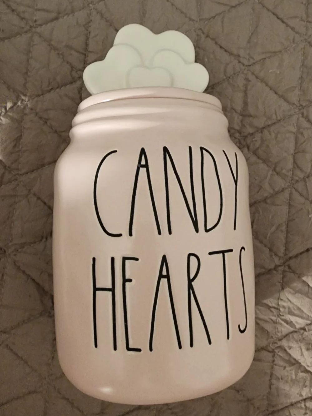 Rae Dunn Pink Candy Hearts Ceramic Jar with White Heart Lid
